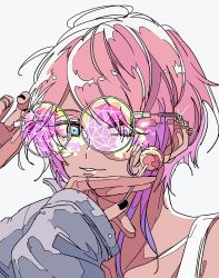 Rule 34 | 1boy, adjusting eyewear, amemura ramuda, black nails, blue eyes, candy, commentary, food, grey jacket, hand up, highres, holding, holding candy, holding food, hypnosis mic, jacket, jewelry, ligne claire, lollipop, long sleeves, looking at viewer, male focus, marutiyo, multicolored hair, nail polish, pink-framed eyewear, pink hair, purple hair, ring, short hair, simple background, solo, streaked hair, sunglasses, tank top, upper body, white background, white tank top