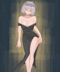 Rule 34 | 1girl, absurdres, ahoge, bare shoulders, black dress, breasts, cleavage, collarbone, dress, fate/grand order, fate (series), highres, jeanne d&#039;arc (fate), jeanne d&#039;arc alter (fate), large breasts, looking down, noctkar, off-shoulder dress, off shoulder, short hair, silver hair, standing, thighs, yellow eyes