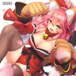 Rule 34 | 1girl, 2020, animal ear fluff, animal ears, animal hands, bare shoulders, bell, black thighhighs, blush, breasts, cat paws, cherry blossoms, cleavage, collar, commentary, commentary request, fangs, fate/grand order, fate (series), fox ears, fox girl, fox tail, gloves, hair ribbon, highres, jingle bell, kaffeinman, large breasts, long hair, looking at viewer, neck bell, paw gloves, petals, pink hair, ponytail, red ribbon, revision, ribbon, solo, tail, tamamo (fate), tamamo cat (fate), tamamo cat (first ascension) (fate), thighhighs, yellow eyes