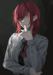 Rule 34 | 1girl, absurdres, black necktie, braid, braided ponytail, breasts, chainsaw man, collared shirt, commentary request, hair over one eye, highres, komura hiroto, long hair, long sleeves, makima (chainsaw man), necktie, red hair, ringed eyes, shirt, sidelocks, solo, white shirt, yellow eyes