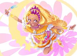 Rule 34 | 1girl, :d, amamiya elena, blonde hair, collarbone, cure soleil, dark-skinned female, dark skin, dress, full body, hair ornament, highres, holding, holding pen, jewelry, layered dress, long hair, looking at viewer, mole, mole under eye, necklace, open mouth, outstretched arms, pen, pink eyes, precure, short dress, sleeveless, sleeveless dress, smile, solo, star (symbol), star hair ornament, star twinkle precure, very long hair, yuutarou (fukiiincho)