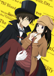 Rule 34 | 1boy, 1girl, black cape, black hair, black hat, black pants, blush, bow, bowtie, brown hat, brown shirt, brown skirt, cape, capelet, carrying, chitanda eru, dutch angle, eye contact, formal, gloves, green eyes, grey bow, grey bowtie, hat, hyouka, kimi ni matsuwaru mystery, long hair, looking at another, monocle, open mouth, oreki houtarou, pant suit, pants, pantyhose, pleated skirt, princess carry, purple eyes, red pantyhose, shirt, skirt, standing, suit, white gloves, white shirt, yellow background, zoom (artist)