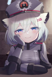Rule 34 | 1girl, absurdres, animal ears, blue archive, blue hair, blush, calciumin, epaulettes, gloves, hair ornament, hairclip, hand on own chin, hat, highres, looking at viewer, military, military hat, military uniform, purple eyes, shigure (blue archive), short hair, smile, solo, uniform, visor cap