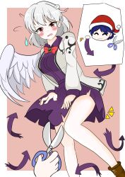 Rule 34 | 2girls, absurdres, blue hair, blush, boots, braid, breasts, chibi, chibi inset, doremy sweet, dress, ears, embarrassed, feathered wings, french braid, grey hair, grey jacket, hat, highres, holding, holding scissors, jacket, kanisizuha, kishin sagume, large breasts, legs, long sleeves, looking at viewer, medium breasts, medium hair, multiple girls, purple dress, purple skirt, red background, red eyes, red headwear, santa hat, scissors, simple background, single wing, skirt, skirt hold, smile, thighs, torn clothes, touhou, wings, yuri