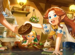 Rule 34 | 1boy, 2girls, animal, brown hair, chair, child, commentary request, cremia, dog, eating, fairy, food, food in mouth, forehead, green headwear, green tunic, hat, highres, indoors, link, long hair, multiple girls, neckerchief, nintendo, nshi, open mouth, out of frame, parted bangs, pointy ears, romani (zelda), shirt, short hair, short sleeves, siblings, sisters, sitting, smile, table, tatl, teeth, the legend of zelda, the legend of zelda: majora&#039;s mask, tunic, upper body, upper teeth only, white shirt, yellow neckerchief