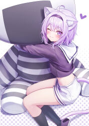 Rule 34 | 1girl, ;3, ahoge, animal ear fluff, animal ears, black hairband, black socks, cat ears, cat girl, cat tail, closed mouth, deadnooodles, hairband, highres, hololive, hugging doll, hugging object, long sleeves, looking at viewer, midriff, nekomata okayu, nekomata okayu (casual), one eye closed, polka dot, polka dot background, purple hair, short hair, shorts, sitting, smile, socks, solo, stuffed toy, tail, virtual youtuber, white background, white shorts