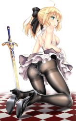 Rule 34 | 1girl, ahoge, aqua eyes, artoria pendragon (all), artoria pendragon (fate), ass, bare arms, bare shoulders, black bow, black pantyhose, blush, bow, breasts, caliburn (fate), cameltoe, checkered floor, cleft of venus, detached collar, dress, fate/unlimited codes, fate (series), floral print, full body, gloves, hair bow, high heels, kase daiki, kneeling, long hair, looking to the side, medium breasts, on floor, open mouth, panties, panties under pantyhose, pantyhose, planted, planted sword, planted weapon, ponytail, print panties, saber lily, shiny clothes, short dress, shoulder blades, side ponytail, sideboob, sidelocks, simple background, skirt hold, solo, stiletto heels, sword, teeth, thighband pantyhose, underwear, upper teeth only, upskirt, weapon, white background, white dress, white gloves, white panties