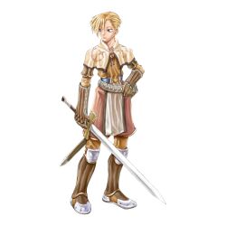 Rule 34 | 1boy, 2000s (style), armored boots, asymmetrical hair, belt, blonde hair, blue eyes, boots, brown footwear, brown pants, brown shirt, brown shorts, capelet, closed mouth, expressionless, full body, hand on own hip, highres, holding, holding sword, holding weapon, looking afar, male focus, medium bangs, myung-jin lee, official art, pants, ragnarok online, scabbard, sheath, shirt, short hair, shorts, simple background, solo, standing, sword, swordsman (ragnarok online), tachi-e, transparent background, weapon, white capelet