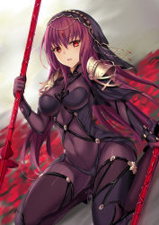 Rule 34 | 1girl, armor, bad id, bad pixiv id, bodysuit, breasts, covered navel, dual wielding, fate/grand order, fate (series), gae bolg (fate), harimoji, highres, holding, large breasts, long hair, looking at viewer, open mouth, pauldrons, polearm, purple bodysuit, red eyes, scathach (fate), scathach (fate), shoulder armor, sitting, solo, spear, veil, weapon