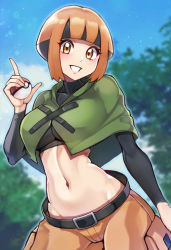 Rule 34 | 1girl, belt, black belt, black hair, blunt bangs, blush, breasts, cloud, commentary request, creatures (company), day, game freak, gardenia (pokemon), hand up, holding, holding poke ball, looking at viewer, midriff, multicolored hair, navel, nintendo, orange eyes, orange hair, outdoors, poke ball, poke ball (basic), pokemon, pokemon dppt, poncho, short hair, shorts, sky, smile, solo, two-tone hair, yasu suupatenin