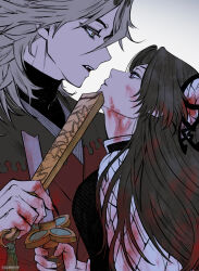 Rule 34 | 1boy, 1girl, black hair, black nails, blood, blood in hair, blood on clothes, blood on face, blood on hands, bloody weapon, broken, broken sword, broken weapon, brown hair, butterfly hair ornament, closed mouth, colored tips, demon slayer uniform, douma (kimetsu no yaiba), eye contact, fang, fingernails, flat color, folded fan, folding fan, from side, grey hair, hair ornament, hand fan, haori, highres, holding, holding fan, holding sword, holding weapon, japanese clothes, katana, kimetsu no yaiba, kimono, kochou kanae, long hair, long sleeves, looking at another, medium hair, multicolored eyes, multicolored hair, parted lips, profile, purple eyes, sainn1129, sharp fingernails, shirt, simple background, sword, text in eyes, tight clothes, tight shirt, turtleneck, twitter username, undershirt, upper body, weapon, white background