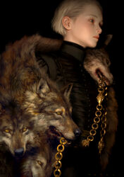Rule 34 | 1girl, animal scarf, black background, blonde hair, chain, closed mouth, fur scarf, gold chain, green eyes, highres, looking to the side, original, short hair, solo, toraji, wolf