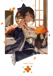 Rule 34 | 1girl, absurdres, animal ear fluff, animal ears, apron, arknights, blue apron, blue jacket, blush, bouquet, brown eyes, brown hair, chestnut mouth, commentary, dress, eyebrows hidden by hair, fingerless gloves, flower, fox ears, gloves, hand up, highres, holding, holding bouquet, holding flower, jacket, looking at viewer, medium hair, neriash, note, open clothes, open jacket, open mouth, orange flower, perfumer (arknights), petals, ponytail, sidelocks, solo, spaghetti strap, upper body, waist apron, white dress, window