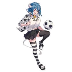 Rule 34 | 1girl, animal print, artist request, ball, bell, black skirt, black thighhighs, blue hair, blush, breasts, collar, cow girl, cow horns, cow print, cow tail, highres, horns, jashin-chan dropkick, large breasts, miniskirt, minos (jashin-chan dropkick), neck bell, official art, open mouth, pleated skirt, red eyes, short hair, skirt, smile, soccer ball, solo, striped clothes, striped thighhighs, tail, thighhighs, transparent background