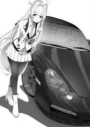 Rule 34 | 1girl, blue archive, blush, boots, car, closed mouth, collared shirt, greyscale, high heel boots, high heels, highres, jacket, jun project, long hair, long sleeves, monochrome, motor vehicle, necktie, noa (blue archive), pantyhose, pleated skirt, shirt, simple background, skirt, smile, solo, white background