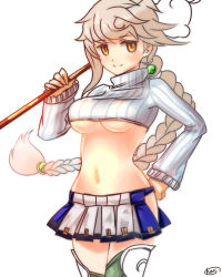 Rule 34 | 10s, 1girl, adapted costume, asymmetrical hair, bad id, bad pixiv id, braid, braided ponytail, breasts, cloud print, cowboy shot, crop top, hand on own hip, hari., kantai collection, long hair, looking at viewer, lowres, midriff, pleated skirt, ribbed sweater, silver hair, simple background, single braid, skirt, solo, sweater, thighhighs, underboob, unryuu (kancolle), very long hair, wavy hair, yellow eyes, zettai ryouiki