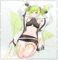 Rule 34 | 1girl, :o, absurdres, ahoge, armpits, arms up, bare shoulders, belt, black shirt, black skirt, breasts, cleavage cutout, clothing cutout, collarbone, crop top, delutaya, green hair, hair ornament, highres, hoshi usagi, indie virtual youtuber, jacket, long hair, long sleeves, looking at viewer, midriff, miniskirt, navel, open clothes, open jacket, open mouth, red eyes, shirt, skirt, sleeveless, sleeveless shirt, small breasts, solo, stomach, thigh gap, thigh strap, thighs, twintails, virtual youtuber, white jacket