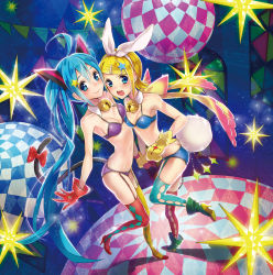 Rule 34 | 2girls, ahoge, bell, neck bell, blonde hair, blue eyes, blue hair, bra, rabbit tail, cat tail, collar, garter straps, gloves, hair ornament, hair ribbon, hairclip, hatsune miku, high heels, highres, jingle bell, kagamine rin, long hair, multiple girls, open mouth, panties, ribbon, shoes, short hair, smile, tail, thighhighs, twintails, underwear, underwear only, very long hair, vocaloid, yamori (stom)