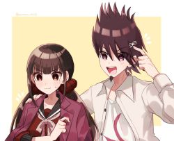 Rule 34 | 1boy, 1girl, blunt bangs, blush, brown hair, collarbone, collared shirt, commentary, cosplay, costume switch, danganronpa (series), danganronpa v3: killing harmony, dress shirt, facial hair, goatee, hair ornament, hair scrunchie, hairclip, hand on another&#039;s shoulder, hand up, harukawa maki, jacket, jacket on shoulders, long hair, long sleeves, looking at another, low twintails, mole, mole under eye, momota kaito, nanako 01023, open clothes, open jacket, open mouth, open shirt, pink jacket, pointing, pout, print shirt, red eyes, red scrunchie, red shirt, scrunchie, shirt, spiked hair, sweatdrop, twintails, twitter username, upper body, white background, white shirt, yellow background