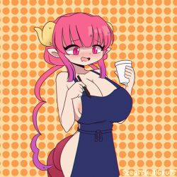 Rule 34 | 1girl, animated, animated gif, apron, areola slip, artist name, breasts squeezed together, breasts, cleavage, cup, holding, holding cup, holding pen, horns, huge breasts, ilulu (maidragon), kobayashi-san chi no maidragon, long hair, moving background, naked apron, open mouth, orange background, pen, pink hair, pointy ears, polka dot, polka dot background, red eyes, scruffmuhgruff, solo, tail, thighs, twintails, very long hair