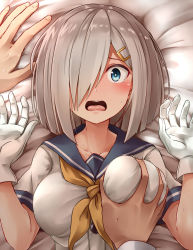 Rule 34 | 10s, 1girl, bed, blouse, blue eyes, blush, grabbing another&#039;s breast, breasts, commentary request, gloves, grabbing, hair ornament, hair over one eye, hairclip, hamakaze (kancolle), hand on breast, highres, kamelie, kantai collection, large breasts, lips, looking at viewer, neckerchief, open mouth, pov, school uniform, serafuku, shirt, short hair, short sleeves, silver hair, solo focus, sweatdrop, tears, teeth, tongue, white gloves, white shirt, yellow neckerchief