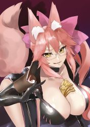 Rule 34 | 1girl, absurdres, animal ear fluff, animal ears, between breasts, black bodysuit, blush, bodysuit, bow, breasts, center opening, choker, cleavage, fate/grand order, fate (series), fox ears, fox girl, fox tail, glasses, hair between eyes, hair bow, highres, hip vent, kasumi saika, koyanskaya (assassin) (first ascension) (fate), koyanskaya (fate), large breasts, leaning forward, licking lips, long hair, looking at viewer, pink bow, pink hair, ponytail, sidelocks, smile, solo, summon ticket (fate), tail, tamamo (fate), thighs, tongue, tongue out, yellow eyes