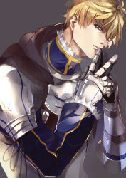 Rule 34 | 1boy, armor, arthur pendragon (fate), blonde hair, blue eyes, breastplate, cape, fate/prototype, fate (series), fur trim, gauntlets, highres, looking at viewer, male focus, pvc parfait, solo