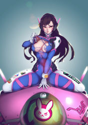 Rule 34 | 1girl, :o, animal print, bad id, bad pixiv id, black hair, bodysuit, breasts, brown eyes, brown hair, cleavage, clothes writing, covered erect nipples, d.va (overwatch), facial mark, gloves, headphones, highres, large breasts, lens flare, long hair, looking at viewer, mecha, meka (overwatch), michael.r, overwatch, overwatch 1, pilot suit, pulling, rabbit print, robot, sitting, solo, sweat, swept bangs, thigh strap, torn bodysuit, torn clothes, wariza, whisker markings, white gloves