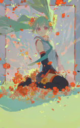 Rule 34 | 1girl, aqua hair, aqua necktie, black footwear, black skirt, black sleeves, boots, ciloranko, commentary request, detached sleeves, flower, full body, grass, hatsune miku, highres, kneeling, long hair, looking at viewer, necktie, orange flower, parted lips, pleated skirt, red eyes, shirt, skirt, solo, thigh boots, translation request, twintails, vocaloid, white shirt, wind, yellow flower