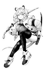 Rule 34 | 1girl, absurdres, animal ears, arknights, badge, bag, breasts, button badge, commission, cross-laced footwear, fingernails, full body, garter straps, greyscale, hair ornament, hairclip, highres, holding, holding sheath, holding sword, holding weapon, infection monitor (arknights), jacket, large breasts, midair, monochrome, parted lips, ravenhart, sheath, shirt, shoes, sideways glance, simple background, smile, sneakers, solo, sword, tail, thighhighs, utage (arknights), weapon, white background