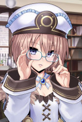 Rule 34 | 1girl, bare shoulders, blanc (neptunia), blue eyes, breasts, brown hair, cleavage, clothes lift, coat, collarbone, dress, dress lift, female focus, frilled dress, frills, fur trim, hat, highres, indoors, lipstick, looking at viewer, makeup, neptune (series), nyamota, parted lips, pink lips, short dress, short hair, signature, smile, solo, spaghetti strap, upper body, white coat, white dress, white hat, wide sleeves