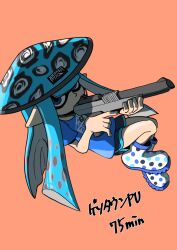 Rule 34 | 1girl, blue eyes, blue hair, blue hat, boots, commentary request, full body, hat, highres, inkling, inkling girl, inkling player character, long hair, n-zap (splatoon), nintendo, orange background, pointy ears, rice hat, rubber boots, shaded face, simple background, solo, splatoon (series), splatoon 3, tentacle hair, white footwear, xdies ds