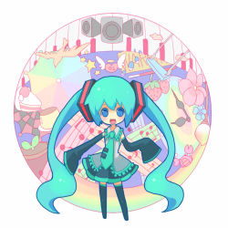 Rule 34 | 1girl, aqua eyes, aqua hair, bird, clock, detached sleeves, female focus, flower, food, fruit, hatsune miku, heart, hello planet (vocaloid), long hair, miracle paint (vocaloid), musical note, necktie, okamori kuo, piano keys, skirt, solo, songover, speaker, star (symbol), strawberry, thighhighs, twintails, umbrella, very long hair, vocaloid, world is mine (vocaloid)