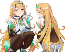 Rule 34 | 1girl, anger vein, ass, bare shoulders, black pantyhose, blonde hair, blush, breasts, chest jewel, cleavage, closed mouth, elbow gloves, frown, gem, gloves, head rest, headpiece, highres, jewelry, large breasts, long hair, looking at viewer, multiple views, mythra (massive melee) (xenoblade), mythra (xenoblade), nintendo, ormille, pantyhose, simple background, slav squatting, squatting, super smash bros., swept bangs, thigh strap, thighs, tiara, white background, xenoblade chronicles (series), xenoblade chronicles 2, yellow eyes