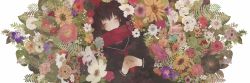 Rule 34 | 1girl, ascot, bad id, bad pixiv id, black hair, closed eyes, flower, flower bed, own hands clasped, highres, leaf, long image, meisa, original, own hands together, rose, scarf, school uniform, sleeping, solo, sunflower, wide image