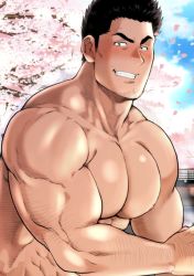 Rule 34 | 1boy, abs, alcohol, bara, biceps, black hair, blush, chabashira tatsukichi, cherry blossoms, day, closed eyes, facial hair, hairy, hanami, kanji, large pectorals, looking at viewer, male focus, manly, mature male, muscular, muscular male, nipples, original, outdoors, pectorals, sideburns, solo, spiked hair, stubble, teeth, thick arms, thick eyebrows, topless male, upper body