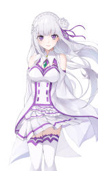 Rule 34 | 1girl, absurdres, arms at sides, bare shoulders, blunt bangs, blush, braid, breasts, cleavage, clothes lift, commentary request, detached sleeves, dress, emilia (re:zero), flower, french braid, gem, hair flower, hair ornament, hair ribbon, highres, kuma (wctv5527), long hair, looking at viewer, medium breasts, miniskirt, pleated skirt, pointy ears, purple eyes, purple ribbon, re:zero kara hajimeru isekai seikatsu, ribbon, rose, silver hair, simple background, skirt, skirt lift, smile, solo, thighhighs, white background, white dress, white flower, white rose, white thighhighs, wind, wind lift, x hair ornament