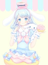 Rule 34 | 1girl, :3, animal, animal ears, animal on shoulder, blouse, blue bow, blue eyes, blue hair, blue ribbon, blush, bow, bubble skirt, cinnamon roll, cinnamoroll, commentary, cup, curly hair, dog, dog ears, dog on shoulder, dress, droopy ears, earrings, food, food-themed clothes, food-themed hair ornament, frilled shirt, frilled wrist cuffs, frills, hair ornament, hands up, holding, holding food, jewelry, medium hair, neckerchief, personification, peter pan collar, pink headwear, pink neckerchief, pointing, pointing at self, pointing up, pom pom (clothes), pom pom earrings, ponfuta, puffy short sleeves, puffy sleeves, ribbon, sanrio, shirt, short sleeves, simple background, skirt, smile, solo, star (symbol), suspender skirt, suspenders, upper body, white wrist cuffs, wrist cuffs, yellow background