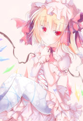 Rule 34 | 1girl, alternate costume, asymmetrical hair, asymmetrical wings, blonde hair, blush, dress, flandre scarlet, floral print, frilled dress, frilled sleeves, frills, hands on own chest, long sleeves, looking at viewer, nagii yuki, pantyhose, pink dress, pouty lips, puffy long sleeves, puffy sleeves, red eyes, short dress, short hair, sitting, solo, touhou, white pantyhose, wings