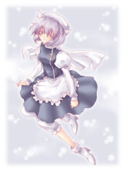 Rule 34 | 00s, 1girl, 2006, ankle boots, apron, bloomers, boots, brooch, dress, female focus, full body, hat, high heel boots, high heels, jewelry, juliet sleeves, kokono coco, letty whiterock, light purple hair, long sleeves, maid, maid apron, puffy long sleeves, puffy sleeves, purple eyes, purple hair, scarf, short hair, simple background, smile, snow, snowflakes, snowing, solo, touhou, underwear, waist apron, white bloomers, white footwear, white hat