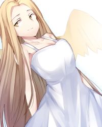 Rule 34 | 1girl, angel notes, angel wings, arms behind back, bare shoulders, blonde hair, breasts, cleavage, closed mouth, collarbone, cowboy shot, dress, jirou (tamaho39), long hair, looking to the side, medium breasts, orange eyes, sidelocks, smile, solo, sundress, type-moon, v/v, very long hair, white background, white dress, wings