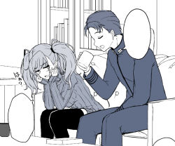 Rule 34 | 1boy, 1girl, admiral (kancolle), atlanta (kancolle), couch, cup, feet out of frame, greyscale, hands on own face, kantai collection, monochrome, mug, ribbed sweater, shigure ryuunosuke, sitting, sleeves past wrists, sweater, template, thighhighs, two side up