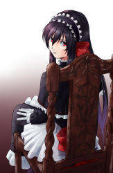 Rule 34 | 00s, 1girl, april (coyote ragtime show), black hair, bow, chair, chicken on rice, chicken on rice (artist), coyote ragtime show, dress, female focus, gloves, gothic lolita, gradient background, hair bow, hair ribbon, lolita fashion, long hair, looking back, maid, red eyes, ribbon, sitting, solo