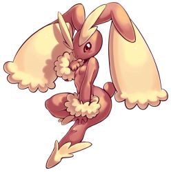 Rule 34 | 1girl, animal ears, black sclera, blush, breasts, colored sclera, creatures (company), female focus, full body, furry, furry female, game freak, gen 4 pokemon, hand to mouth, hand up, leg up, looking at viewer, lopunny, nintendo, no nipples, oyatsu (mk2), pokemon, pokemon (creature), pokemon dppt, rabbit ears, rabbit tail, red eyes, simple background, small breasts, solo, tail, white background