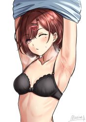 Rule 34 | 1girl, ;o, armpits, arms up, asarime, black bra, blue shirt, blush, bra, breasts, brown hair, clothes lift, collarbone, commentary request, hair ornament, hairclip, highres, higuchi madoka, idolmaster, idolmaster shiny colors, lifted by self, looking at viewer, mole, mole under eye, one eye closed, parted lips, purple eyes, resolution mismatch, shirt, shirt lift, short hair, signature, simple background, small breasts, solo, source smaller, sweat, underwear, undressing, upper body, white background