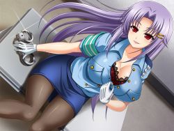Rule 34 | 1girl, black pantyhose, bra, breasts, cleavage, cuffs, female focus, hair intakes, hair ornament, handcuffs, large breasts, long hair, looking at viewer, militia minpei, pantyhose, parted lips, pencil skirt, police, police uniform, purple hair, red eyes, sitting, skirt, smile, solo, underwear, uniform