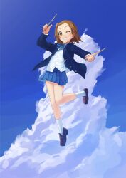 Rule 34 | 1girl, blazer, blue jacket, blue ribbon, blue skirt, blue sky, blush, brown eyes, brown hair, cloud, collared shirt, commentary request, day, drumsticks, forehead, full body, grin, hairband, highres, holding, holding drumsticks, jacket, k-on!, mandei (nao 1234567), neck ribbon, one eye closed, open clothes, open jacket, outdoors, pleated skirt, ribbon, sakuragaoka high school uniform, school uniform, shirt, short hair, skirt, sky, smile, solo, tainaka ritsu, thumbs up, untucked shirt, white shirt, winter uniform, yellow hairband