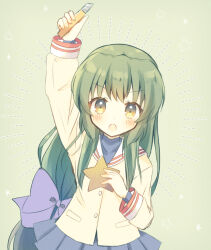 Rule 34 | 1girl, aiyan, arm up, blue skirt, blush, bow, clannad, commentary request, cowboy shot, emphasis lines, eyelashes, eyes visible through hair, green background, green hair, hair between eyes, hair bow, holding, holding knife, ibuki fuuko, jacket, knife, long hair, long sleeves, looking at viewer, miniskirt, open mouth, pleated skirt, purple bow, sailor collar, school uniform, sidelocks, simple background, skirt, solo, standing, starfish, straight-on, very long hair, white sailor collar, yellow eyes, yellow jacket