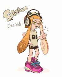 Rule 34 | 1girl, :d, bike shorts, black shorts, blunt bangs, commentary request, copyright name, cross-laced footwear, english text, fangs, film grain, full body, hand on own hip, headphones, highres, inkling, inkling girl, inkling player character, long hair, looking at viewer, nintendo, notice lines, open mouth, orange eyes, orange hair, pink footwear, print shirt, shirt, shoes, short sleeves, shorts, simple background, smile, sneakers, solo, splatoon (series), splatoon 1, standing, suction cups, tentacle hair, thank you, thumbs up, twintails, v-shaped eyebrows, very long hair, white background, white shirt, yakitako 1020