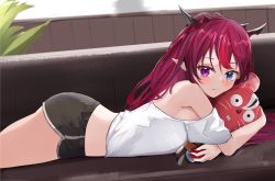 Rule 34 | 1girl, backlighting, bare shoulders, black shorts, blue eyes, closed mouth, couch, demon girl, demon horns, dolphin shorts, from side, hakos baelz, hakos baelz (rat), heterochromia, highres, hololive, hololive english, horns, indoors, irys (hololive), looking at viewer, looking to the side, lying, hugging object, off-shoulder shirt, off shoulder, on couch, on stomach, pointy ears, purple eyes, shirt, short sleeves, shorts, shuuzo3, smile, solo, stuffed toy, virtual youtuber, white shirt